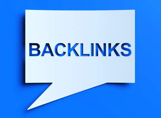 Graphic of a speech bubble with the word 'BACKLINKS' indicating the importance of backlinks in SEO strategy