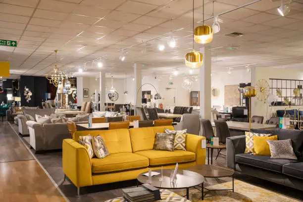 Spacious furniture showroom interior featuring modern sofas and lighting fixtures