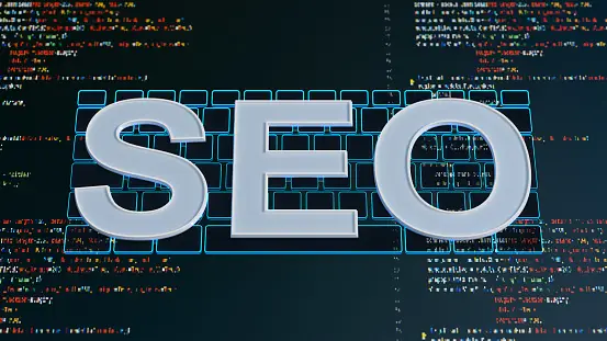 The acronym 'SEO' illuminated over a digital code matrix background