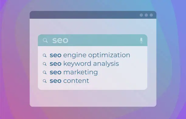 Computer screen showing search bar with suggestions for SEO terms like marketing and content