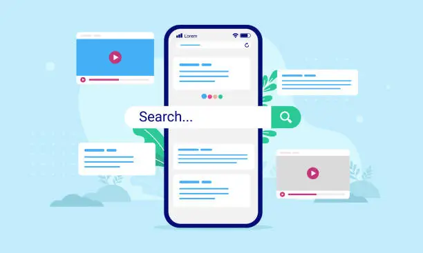 Smartphone displaying a search interface with various multimedia icons, representing a modern digital search experience