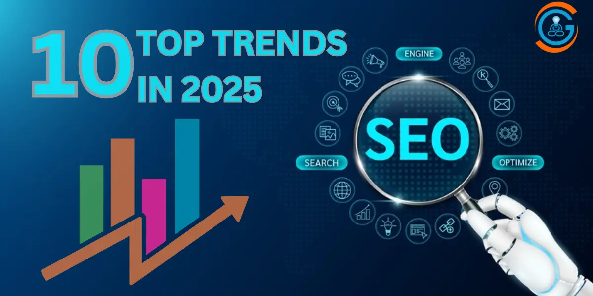 Chart showing SEO trends for 2025 with a magnifying glass highlighting the SEO process and AI-driven strategies.