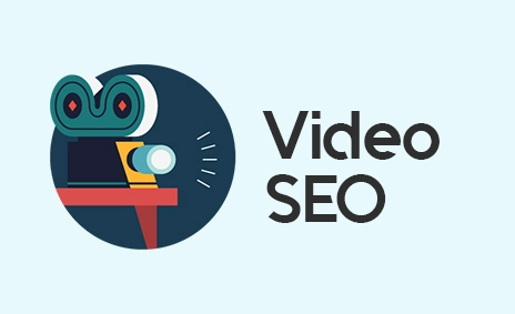 Illustration showing a vintage film camera and the text 'Video SEO,' representing strategies to optimize videos for better search visibility.