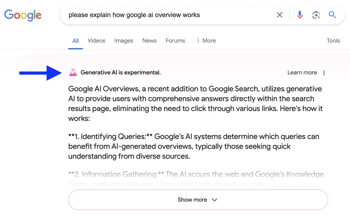 Google AI Overviews example with a search query, showing generative AI results for explaining how Google AI overview works.