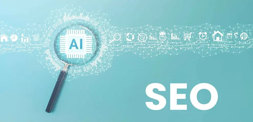 AI magnifying glass connecting to SEO icons representing voice search, algorithms, and smarter digital strategies.