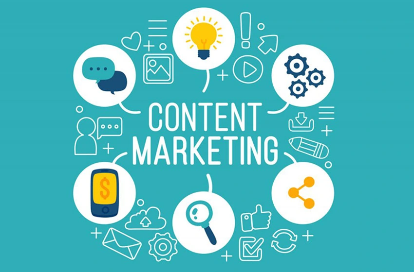 Content marketing icons showcasing engagement, idea generation, and strategic tools for boosting online visibility.