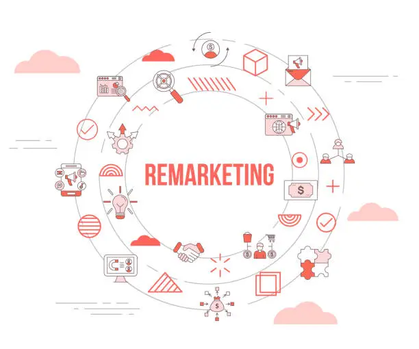 Infographic of a remarketing strategy featuring a circular array of icons representing online advertising, audience targeting, engagement, analytics, and conversion optimization, encapsulating the continuous cycle of digital remarketing