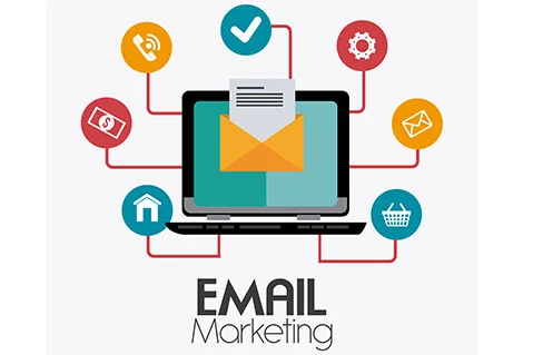 Illustration of email marketing strategies with a laptop, email icon, and interconnected symbols representing communication, engagement, and business growth.