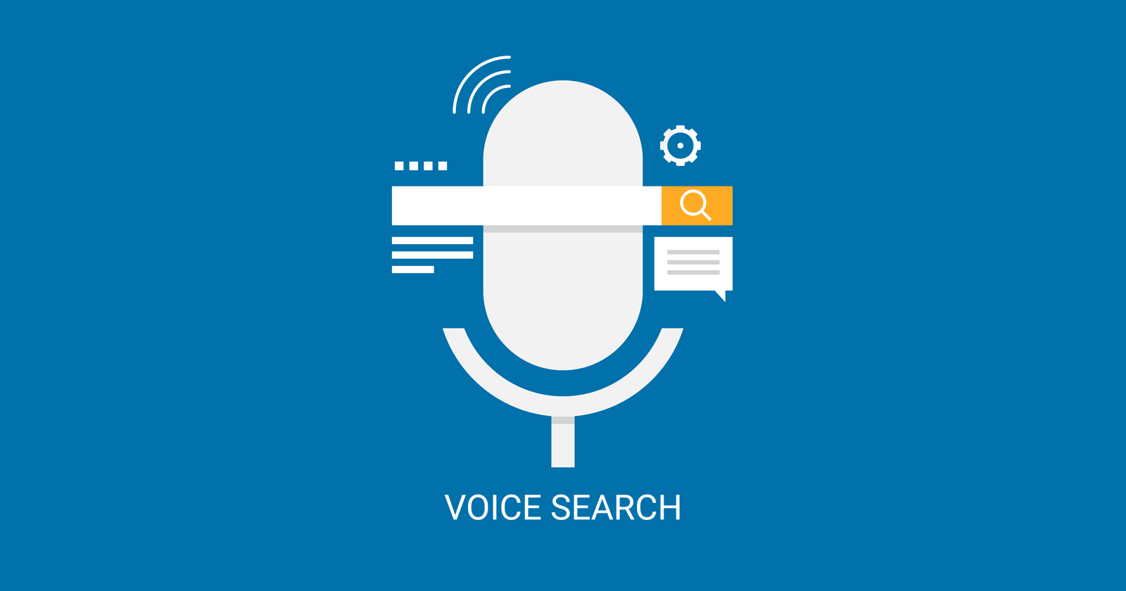 Voice search concept image showing a microphone, search bar, and icons, illustrating the growing trend of voice-enabled SEO.