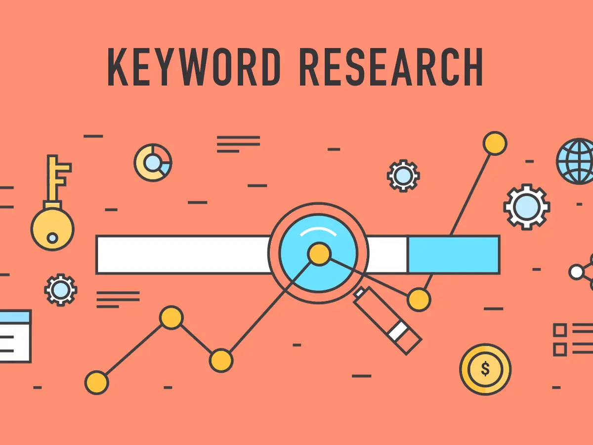 Illustration of a search bar, magnifying glass, and icons representing keyword research, essential for improving SEO strategies.