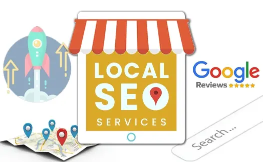 Illustration for Local SEO Services featuring a store icon, Google Reviews, map pins, search bar, and an upward rocket graphic.