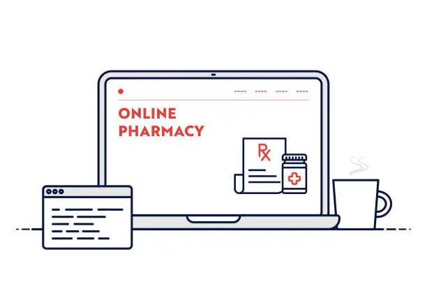 Laptop screen displaying an online pharmacy interface with prescription and medication icons.