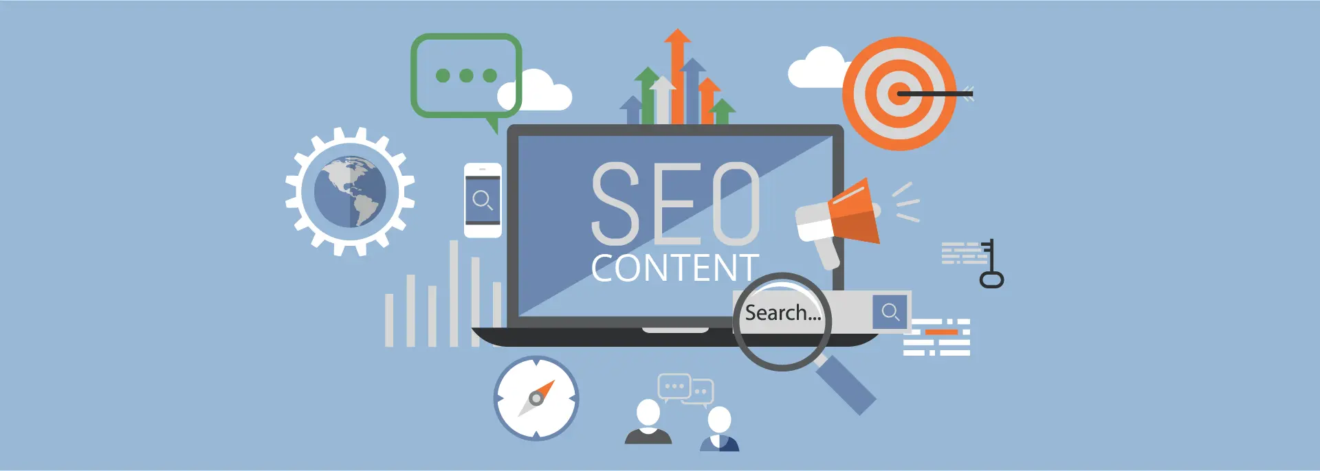 Illustration showing SEO content optimization with a laptop, search bar, analytics icons, target, and growth arrows for better visibility.