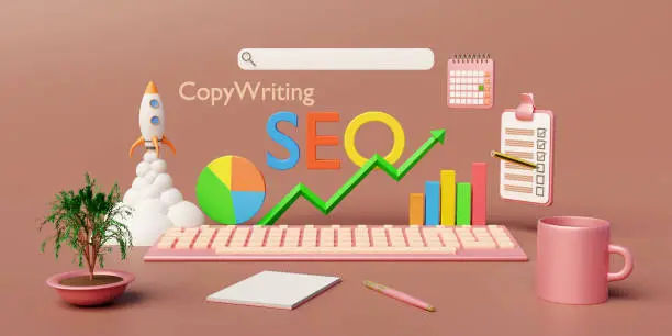 SEO and Copywriting concept with a rocket, colorful growth charts, and office supplies on a desk