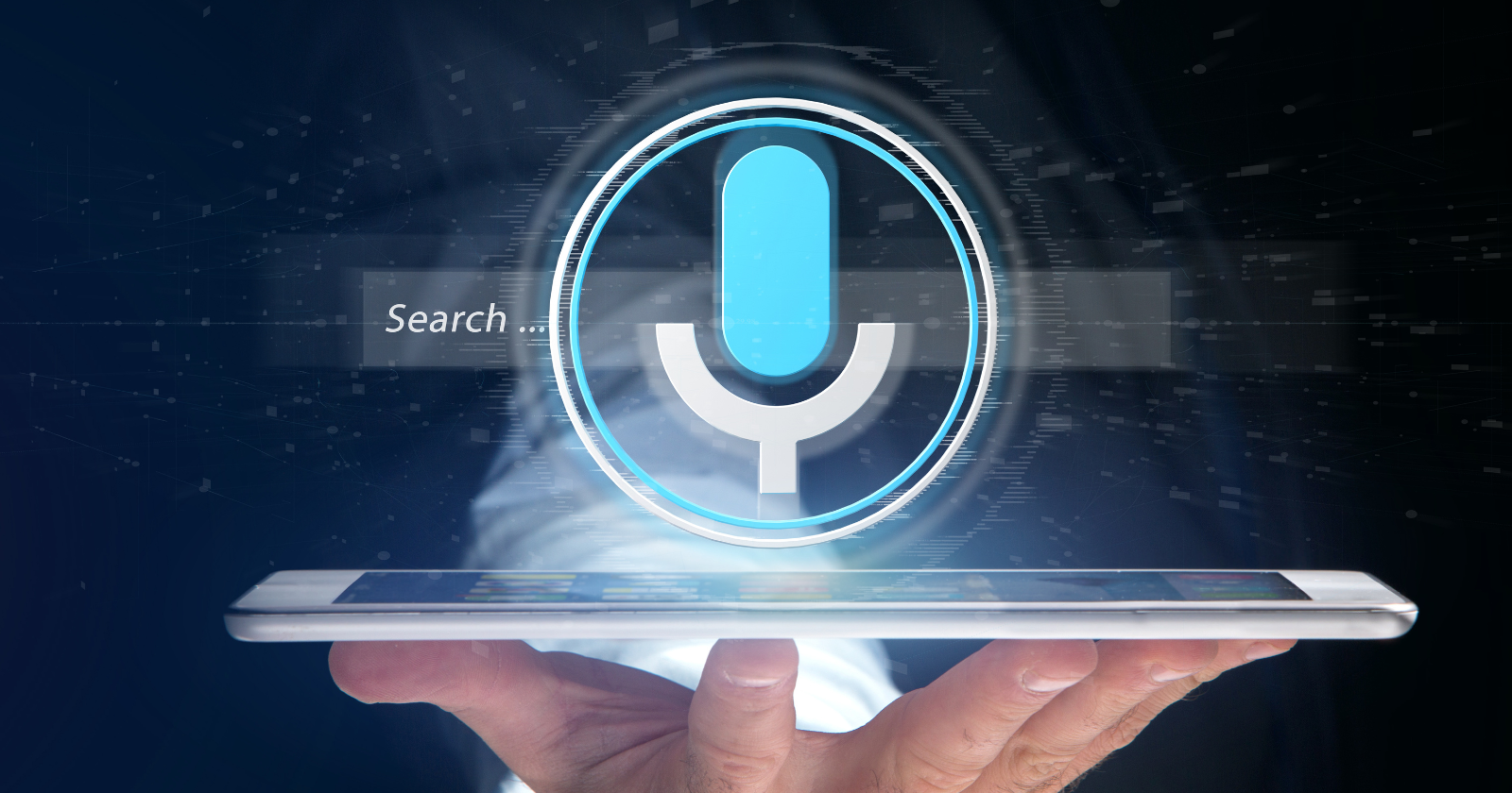 Voice search optimization with AI showing a person using a virtual assistant.